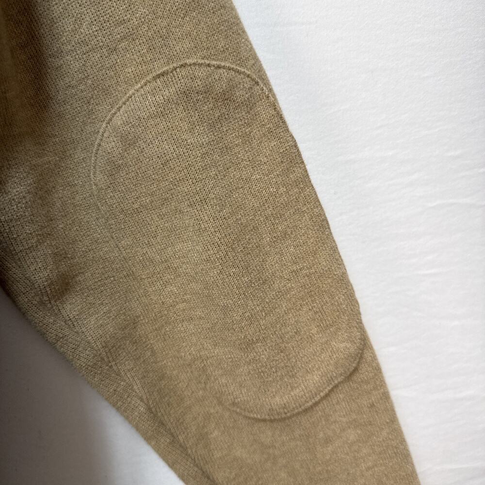 Lands End Mens Quarter Zip Pullover Sweater Size M Camel Tan Cotton Elbow Patch - Picture 6 of 6